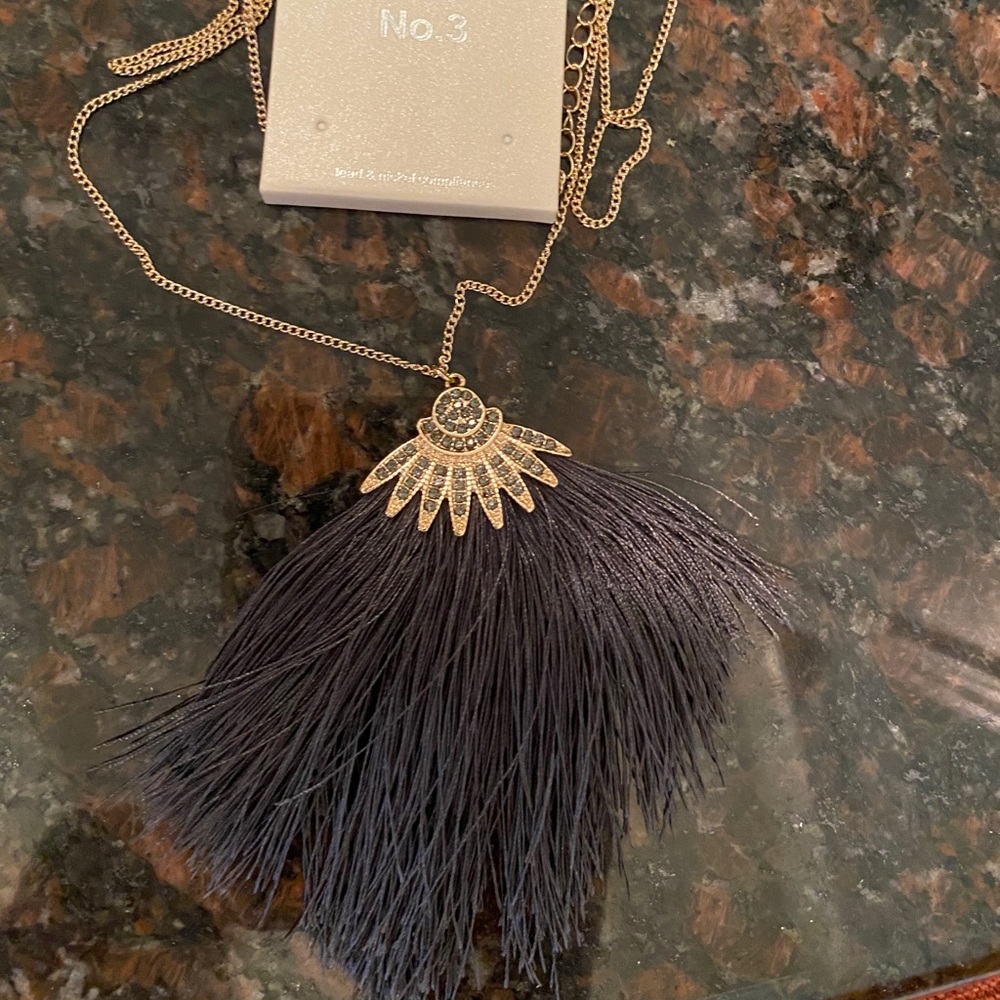 No. 3 Blue/Gold Feathered Tassel Necklace